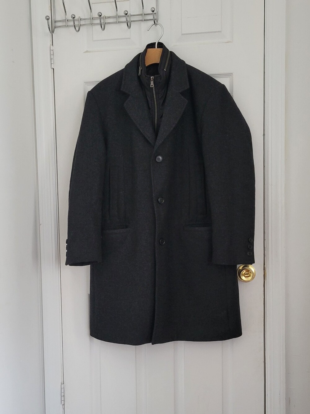 Hugo Boos Mens Dark Gray Wool Blend Overcoat with Zip-Front Liner